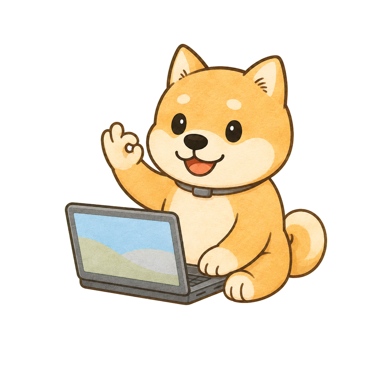 ノートパソコンで撮影素材を編集するワンコキャラクター