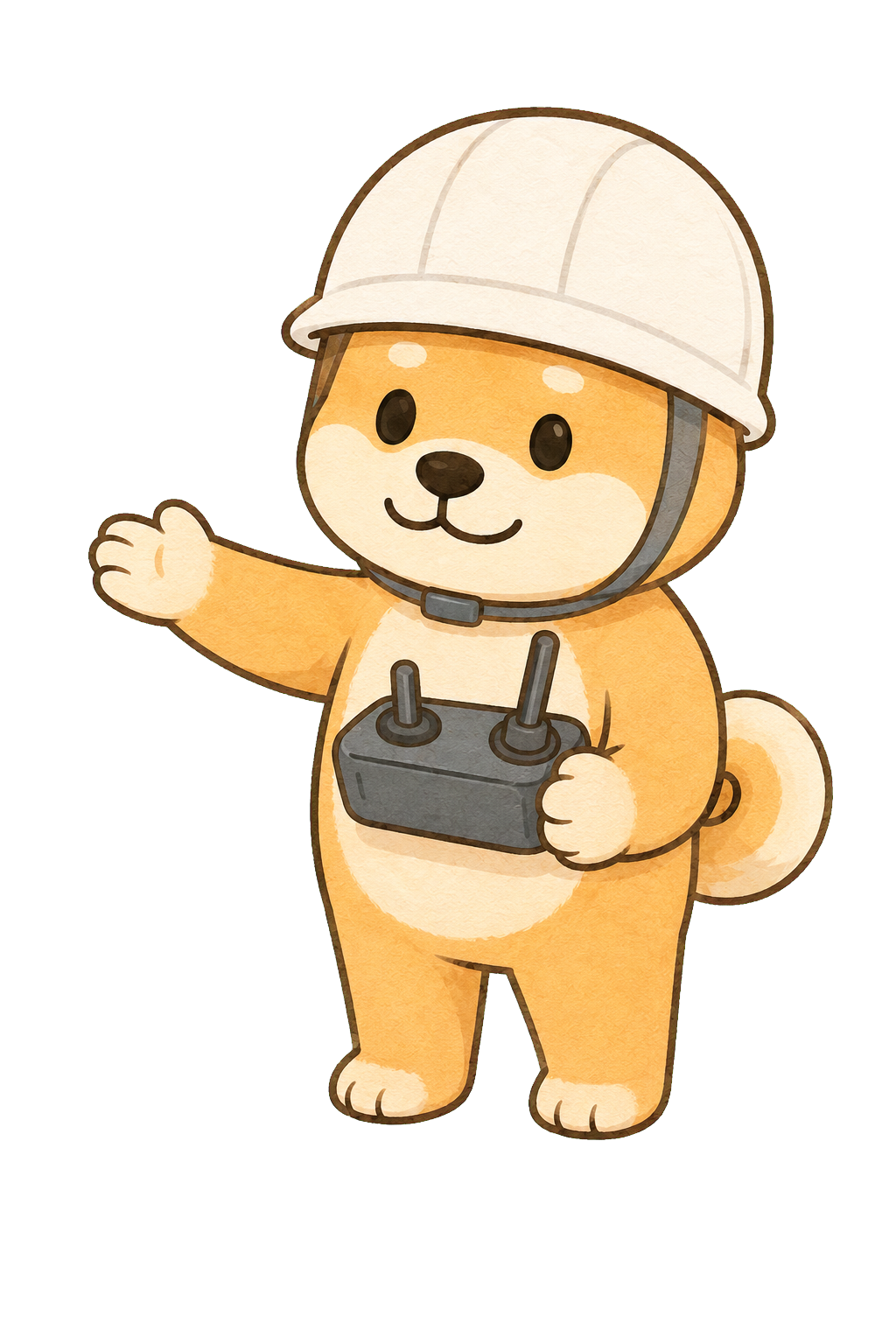 ドローン送信機を持ってサービスを案内するワンコキャラクター